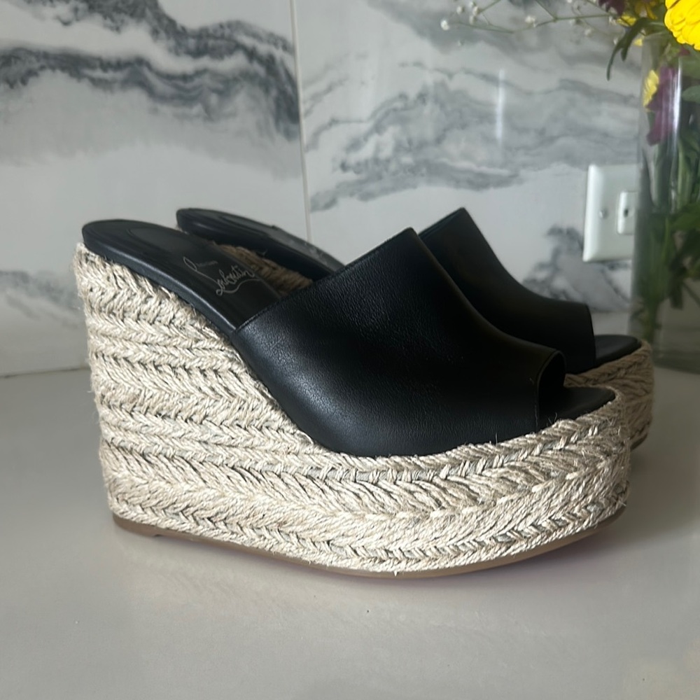 Christian Louboutin Black and Cream Espadrille Wedge Shoes